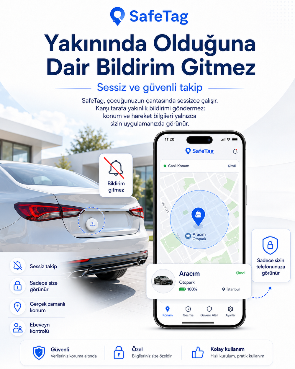 SafeTag Akıllı Takip Cihazı – Araç, Çanta, Anahtar ve Sevdikleriniz İçin Konum Takibi