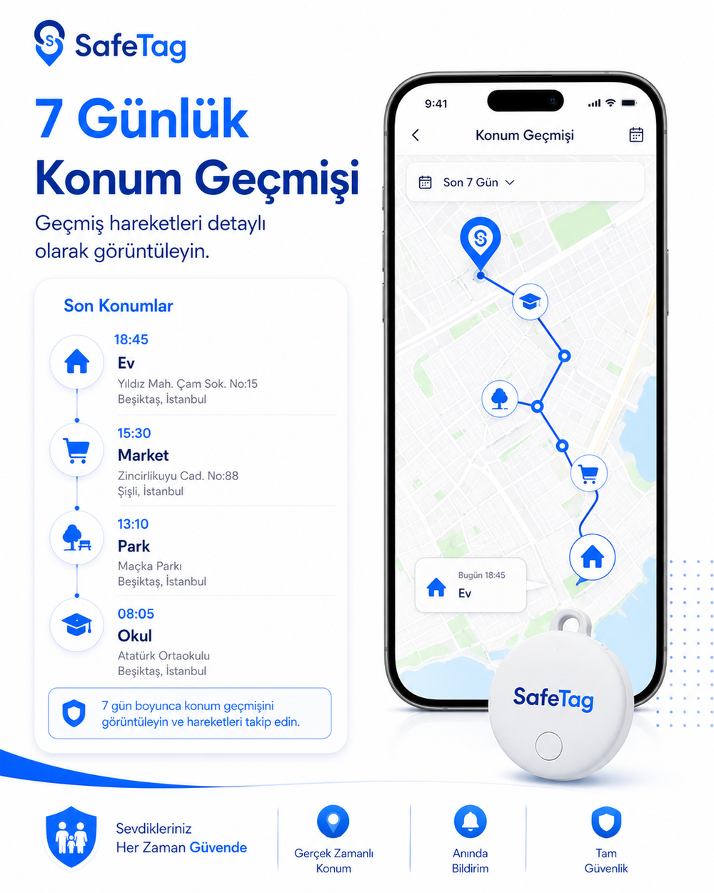 SafeTag Akıllı Takip Cihazı – Araç, Çanta, Anahtar ve Sevdikleriniz İçin Konum Takibi
